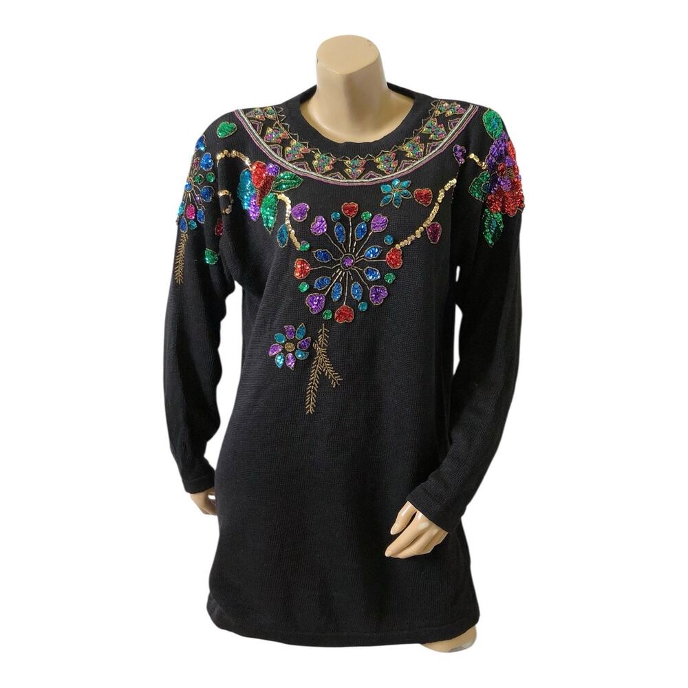 Vintage SML Sport Ltd Sweater Tunic Womens Medium Black Sequin 90s Floral Beaded
